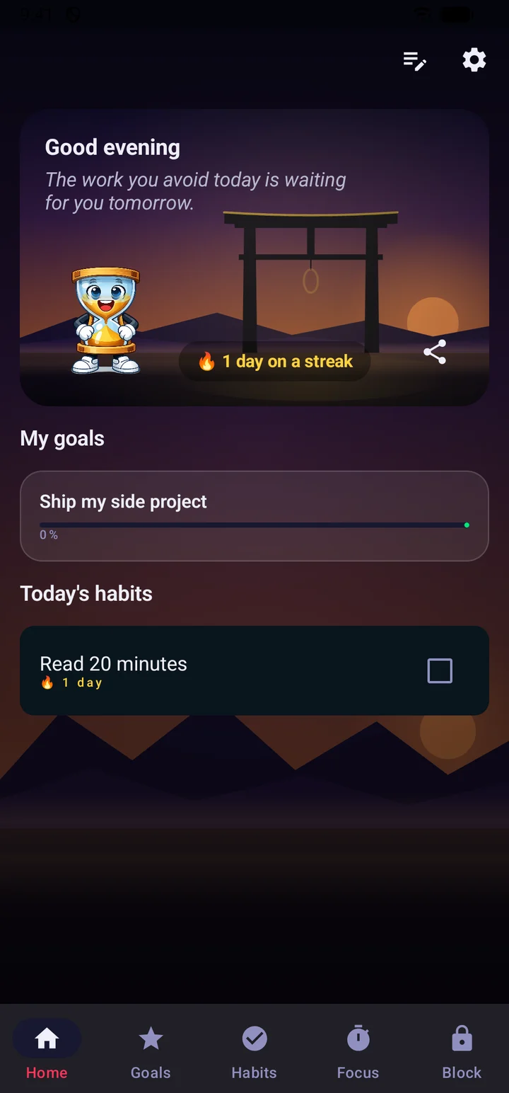 Stop Wasting Time in use: the home sanctuary with a streak and today's goals, then Sandy stepping in when a blocked app is opened, then the challenge that has to be solved to get through