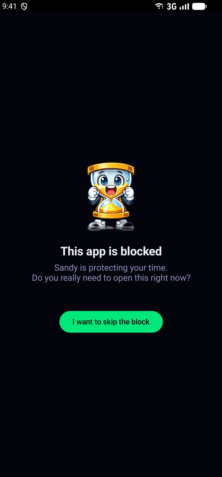 Sandy intervening on a blocked app: "This app is blocked — do you really need to open this right now?"