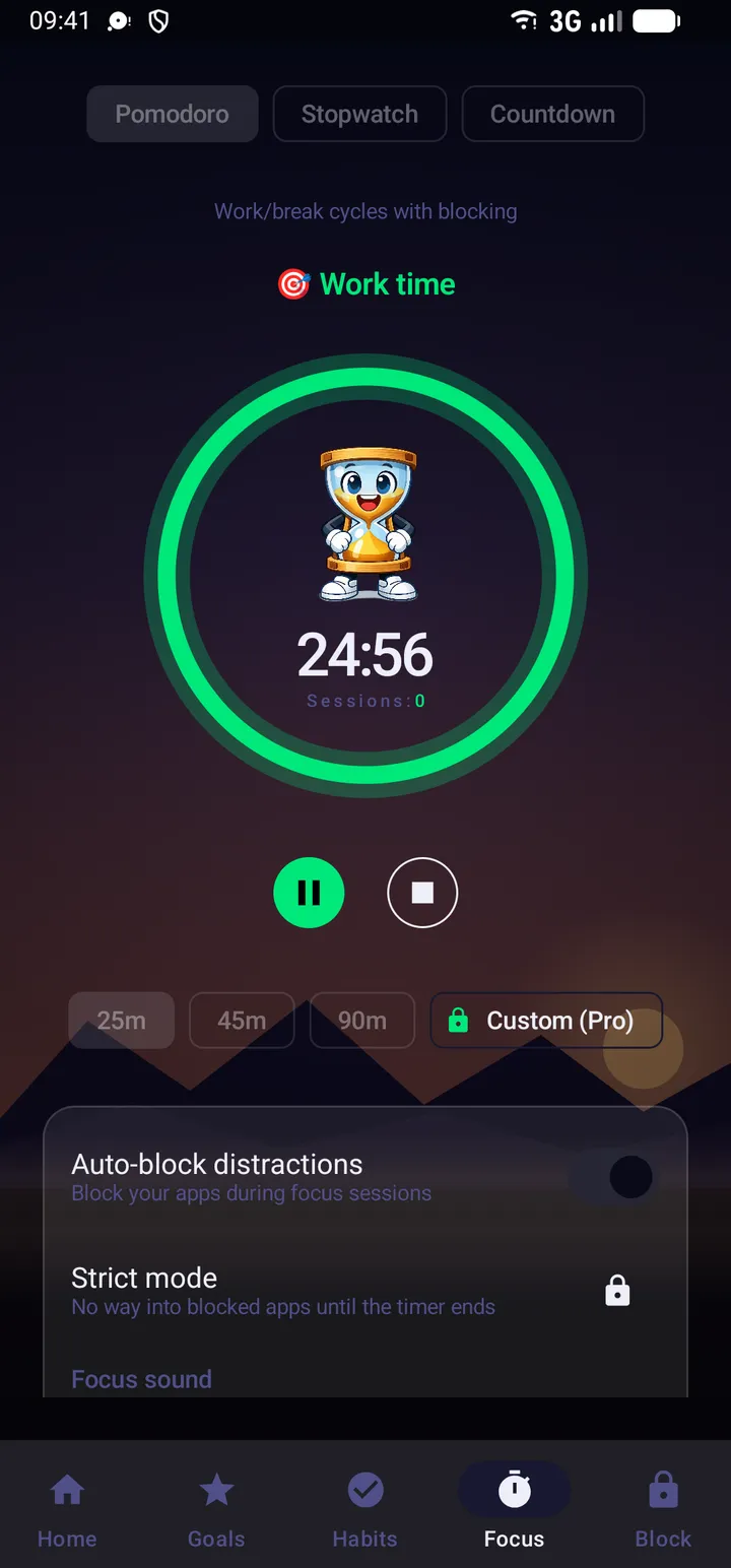 Focus screen: Pomodoro ring with Sandy inside, 24:56 remaining