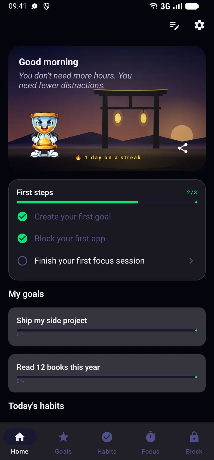 Home screen: sanctuary with lit lanterns, streak, goals and habits